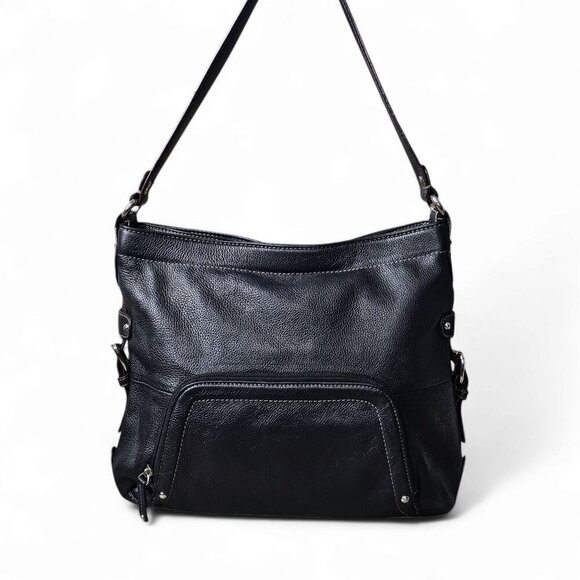Tignanello Pebble Leather Bag Hobo Moto Slouchy Black Shoulder Handbag - Picture 1 of 14